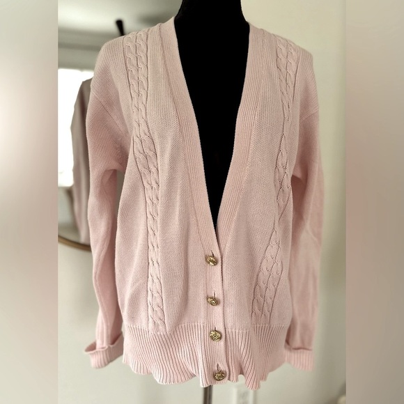 YARNWORKS Pink Knit Half Button Cotton Cardigan Sweater W/ Retro Gold Buttons L - Picture 1 of 7